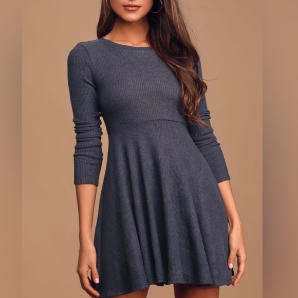 Lulus Fit and Fair Navy Ribbed Long Sleeve Skater Dress size S - Picture 3 of 16